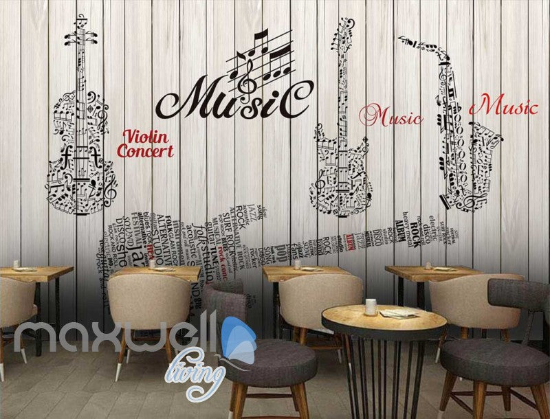 Graphic Design Music Instruments On Wooden Wall Art Wall Murals Wallpaper Decals Prints Decor IDCWP-JB-000714
