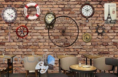 Image of Red Brick Wall With Clocks Eiffel Tower Poster And Lifesaving Float Art Wall Murals Wallpaper Decals Prints Decor IDCWP-JB-000716