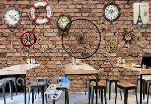 Red Brick Wall With Clocks Eiffel Tower Poster And Lifesaving Float Art Wall Murals Wallpaper Decals Prints Decor IDCWP-JB-000716