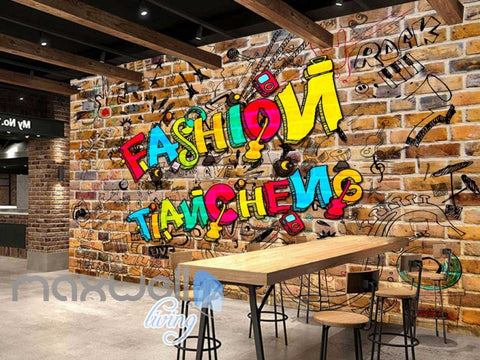 Image of Graphic Design Of Drawings On A Brick Wall And Colourful Letters Art Wall Murals Wallpaper Decals Prints Decor IDCWP-JB-000748