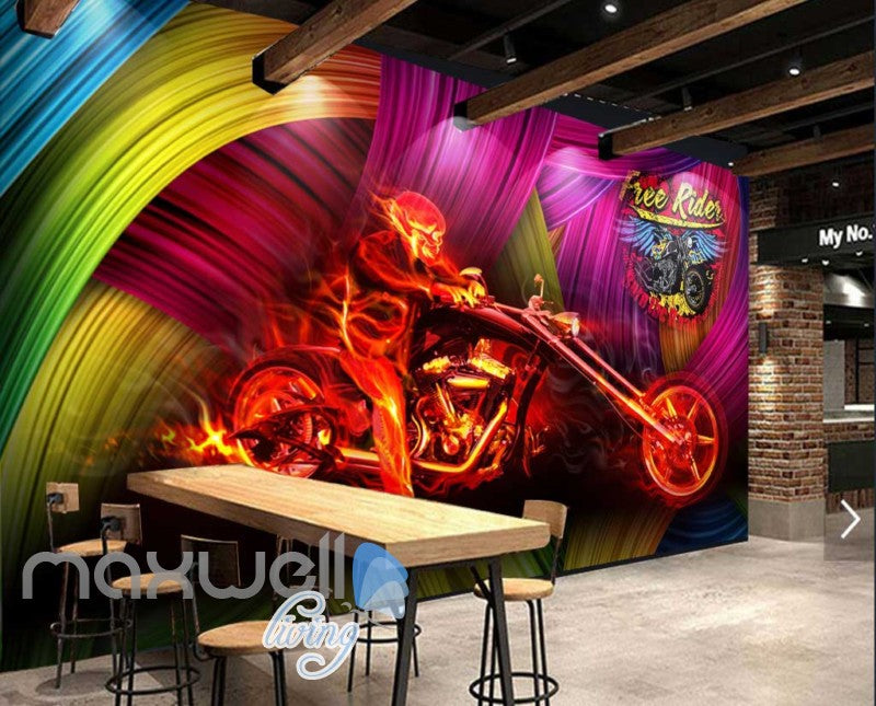 Graphic Design Motorbike And Person On Fire With Colorfoul Background Art Wall Murals Wallpaper Decals Prints Decor IDCWP-JB-000750