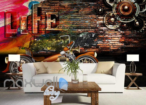 Image of 3D Graphic Design With Metal Motorbike And Brick Wall Art Wall Murals Wallpaper Decals Prints Decor IDCWP-JB-000755