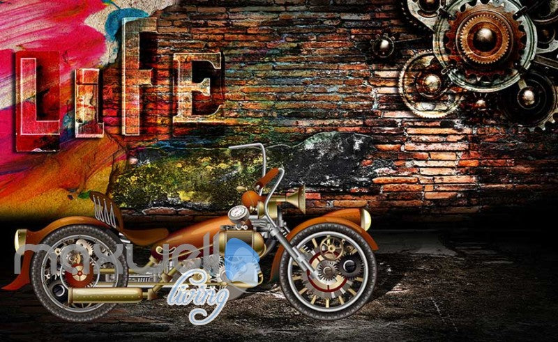 3D Graphic Design With Metal Motorbike And Brick Wall Art Wall Murals Wallpaper Decals Prints Decor IDCWP-JB-000755