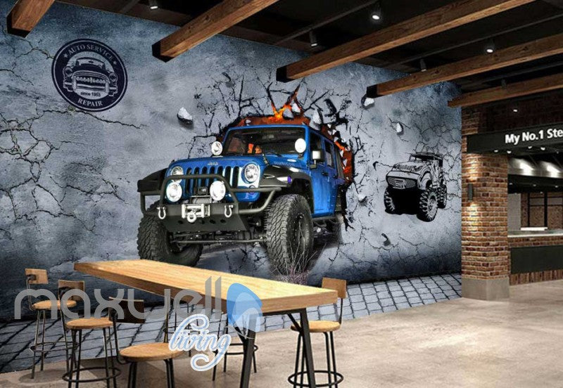 Blue Jeep Breaking Through Cement Wall Art Wall Murals Wallpaper Decals Prints Decor IDCWP-JB-000760