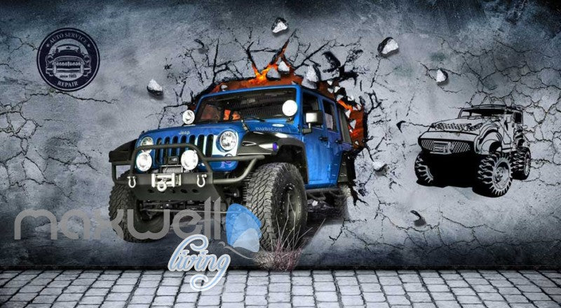 Blue Jeep Breaking Through Cement Wall Art Wall Murals Wallpaper Decals Prints Decor IDCWP-JB-000760
