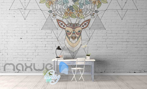 Image of Graphic Design Hipster Deer On White Brick Wall Art Wall Murals Wallpaper Decals Prints Decor IDCWP-JB-000769