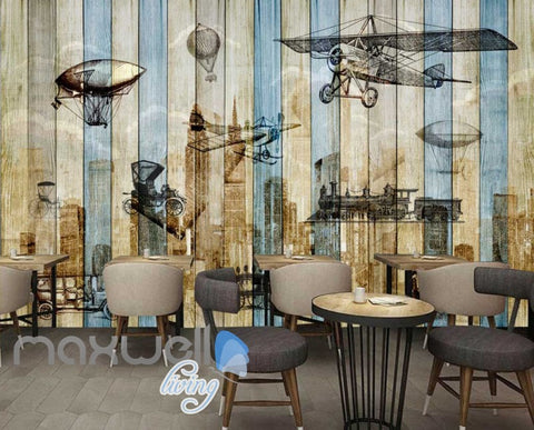 Image of Wooden Wall Black And White Drawings Of Airplanes Art Wall Murals Wallpaper Decals Prints Decor IDCWP-JB-000770