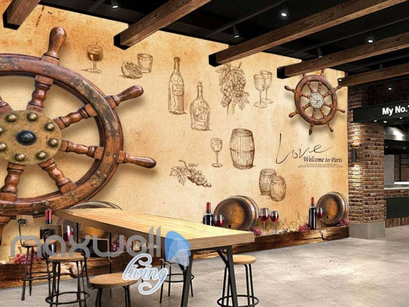 Wooden Boat Wheel On Wall Wine Art Wall Murals Wallpaper Decals Prints Decor IDCWP-JB-000771