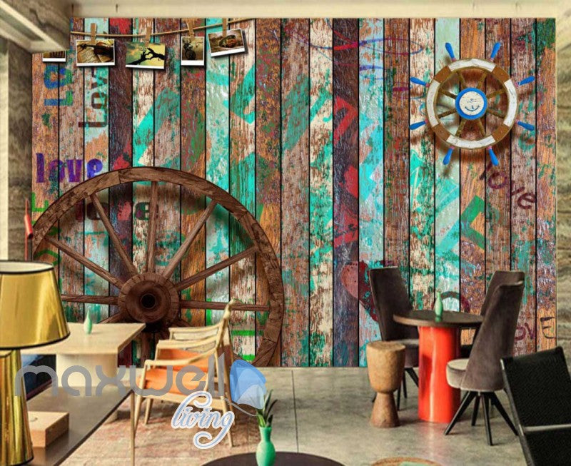 Graphic Desgin Wooden Wall Wooden Wheel Boat Wheel Art Wall Murals Wallpaper Decals Prints Decor IDCWP-JB-000778