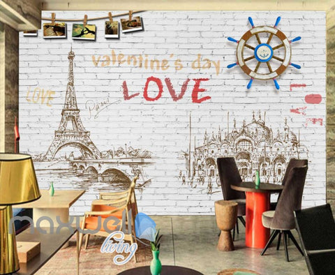 Image of Graphic Design White Wall Eiffel Tower Drawing Wooden Boat Wheel Art Wall Murals Wallpaper Decals Prints Decor IDCWP-JB-000779