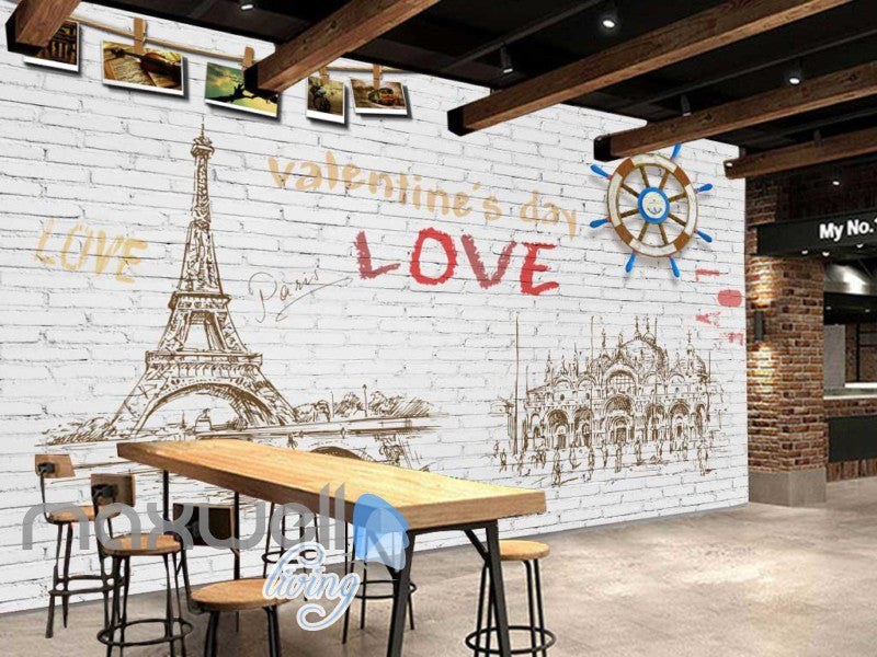 Graphic Design White Wall Eiffel Tower Drawing Wooden Boat Wheel Art Wall Murals Wallpaper Decals Prints Decor IDCWP-JB-000779