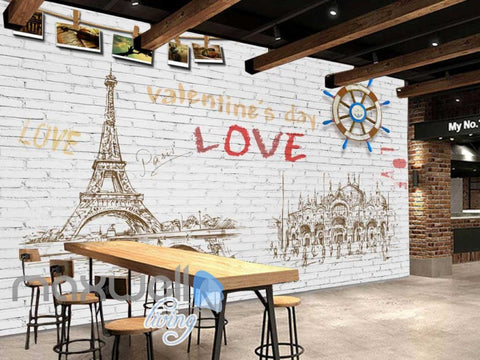 Image of Graphic Design White Wall Eiffel Tower Drawing Wooden Boat Wheel Art Wall Murals Wallpaper Decals Prints Decor IDCWP-JB-000779