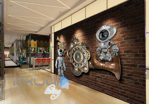 Image of Brick Wall With Gears And Robots Art Wall Murals Wallpaper Decals Prints Decor IDCWP-JB-000784
