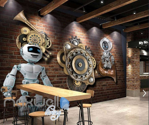 Image of Brick Wall With Gears And Robots Art Wall Murals Wallpaper Decals Prints Decor IDCWP-JB-000784