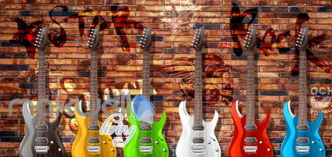 Image of Colourful Graphic Design Electronic Guitars Brick Wall Art Wall Murals Wallpaper Decals Prints Decor IDCWP-JB-000787