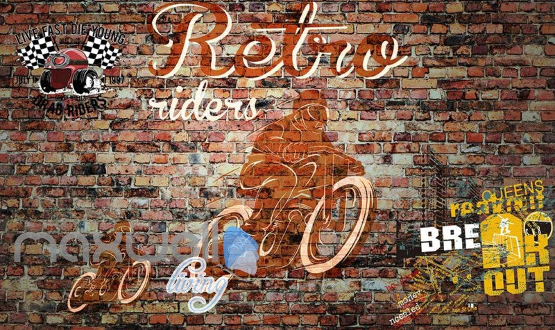 Brick Wall With Retro Motorbike Art Wall Murals Wallpaper Decals Prints Decor IDCWP-JB-000789