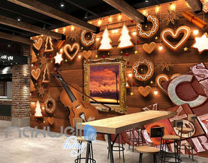 Wooden Wall Violin And Christmas Decoration Art Wall Murals Wallpaper Decals Prints Decor IDCWP-JB-000803