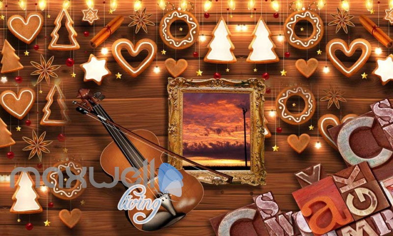 Wooden Wall Violin And Christmas Decoration Art Wall Murals Wallpaper Decals Prints Decor IDCWP-JB-000803
