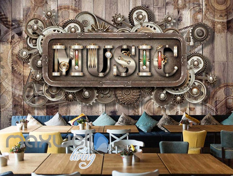Image of Wooden Wall With Gears And Music Letters Art Wall Murals Wallpaper Decals Prints Decor IDCWP-JB-000831