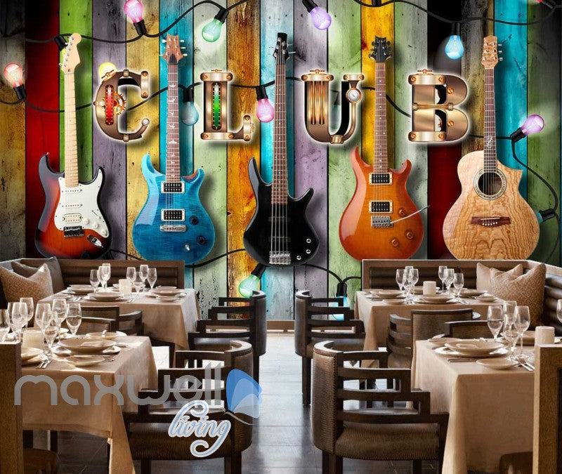 Colourful Wooden Wall With Electric Guitars Art Wall Murals Wallpaper Decals Prints Decor IDCWP-JB-000837