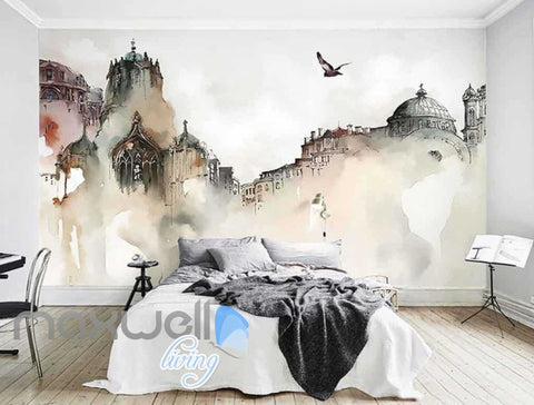 Drawing Of Old City And Bird Flying Art Wall Murals Wallpaper Decals Prints Decor IDCWP-JB-000839