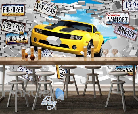 Image of Breaking Through Wall Yellow Car Car Plates Art Wall Murals Wallpaper Decals Prints Decor IDCWP-JB-000859