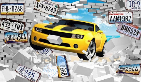 Image of Breaking Through Wall Yellow Car Car Plates Art Wall Murals Wallpaper Decals Prints Decor IDCWP-JB-000859