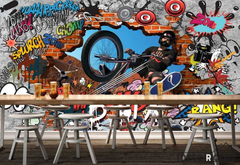Graphic Design Graffiti Bike Breaking Through Brick Wall Art Wall Murals Wallpaper Decals Prints Decor IDCWP-JB-000881