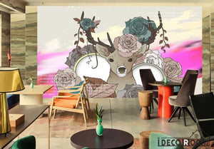 Graphic Design Vintage Hipster Deer Flowers Living Room Art Wall Murals Wallpaper Decals Prints Decor IDCWP-JB-000883