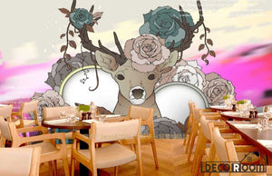 Graphic Design Vintage Hipster Deer Flowers Living Room Art Wall Murals Wallpaper Decals Prints Decor IDCWP-JB-000883