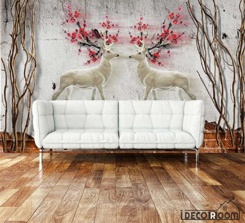 Image of Graphic Design Vintage Deer With Red Flowers Living Room Art Wall Murals Wallpaper Decals Prints Decor IDCWP-JB-000886