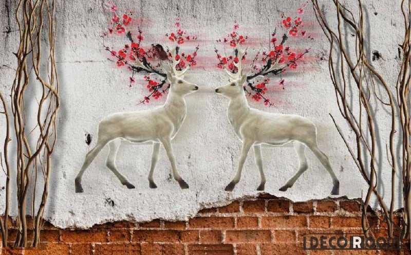 Graphic Design Vintage Deer With Red Flowers Living Room Art Wall Murals Wallpaper Decals Prints Decor IDCWP-JB-000886