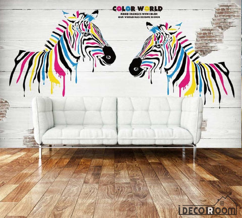 Image of Graphic Design Colorful Zebra On Wall Living Room Art Wall Murals Wallpaper Decals Prints Decor IDCWP-JB-000897