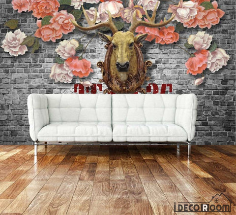 Image of Vintage Flowers Deer Head On Black Brick Wall Living Room Art Wall Murals Wallpaper Decals Prints Decor IDCWP-JB-000899