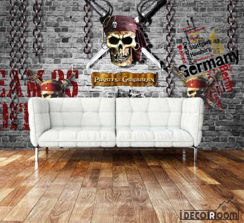 Black Brick Wall 3D Pirate Skull With Swords Art Wall Murals Wallpaper Decals Prints Decor IDCWP-JB-000903