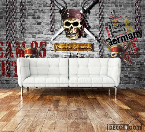 Image of Black Brick Wall 3D Pirate Skull With Swords Art Wall Murals Wallpaper Decals Prints Decor IDCWP-JB-000903