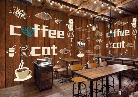 Image of Wooden Wall Cat Coffee Bar Restaurant Art Wall Murals Wallpaper Decals Prints Decor IDCWP-JB-000904