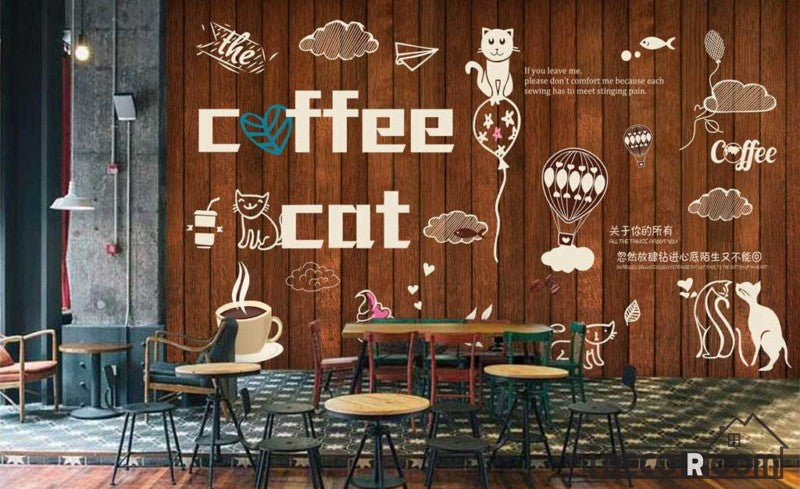 Wooden Wall Cat Coffee Bar Restaurant Art Wall Murals Wallpaper Decals Prints Decor IDCWP-JB-000904