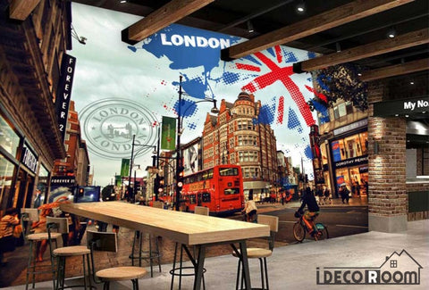 Image of 3D London View Red Bus Restaurant Coffee Art Wall Murals Wallpaper Decals Prints Decor IDCWP-JB-000909