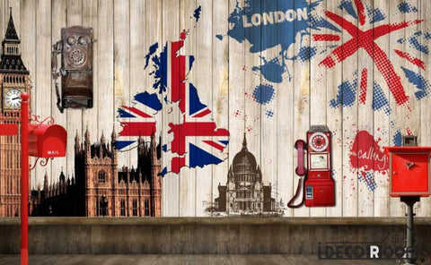 Image of Wooden Wall 3D Big Ben London Flag Living Room Art Wall Murals Wallpaper Decals Prints Decor IDCWP-JB-000915