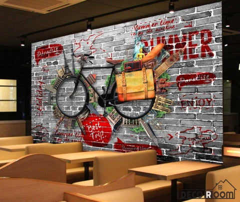Image of Black Brick Wall 3D Bicycle Restaurant Art Wall Murals Wallpaper Decals Prints Decor IDCWP-JB-000920