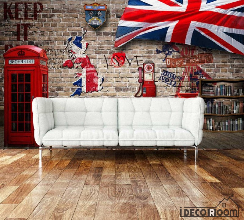 Red Brick Wall 3D Red Cabin London Flag Living Room Art Wall Murals Wallpaper Decals Prints Decor IDCWP-JB-000927