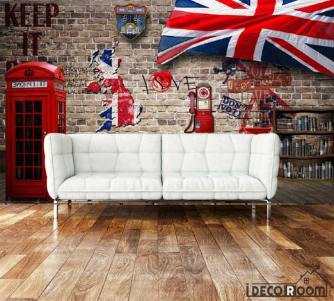 Image of Red Brick Wall 3D Red Cabin London Flag Living Room Art Wall Murals Wallpaper Decals Prints Decor IDCWP-JB-000927