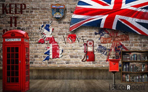Red Brick Wall 3D Red Cabin London Flag Living Room Art Wall Murals Wallpaper Decals Prints Decor IDCWP-JB-000927