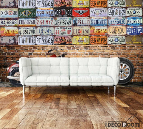 Image of Red Brick Wall 3D Licence Plates Red Motorbike Living Room Art Wall Murals Wallpaper Decals Prints Decor IDCWP-JB-000934