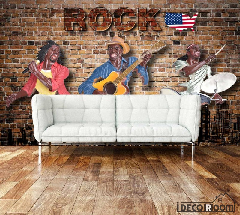 Red Brick Wall 3D Drawing Rock Band Usa Living Room Art Wall Murals Wallpaper Decals Prints Decor IDCWP-JB-000937