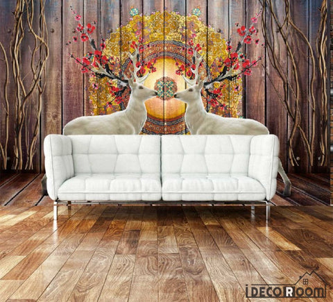 Image of Wooden Wall Vintage Pattern White Deer Living Room Art Wall Murals Wallpaper Decals Prints Decor IDCWP-JB-000938