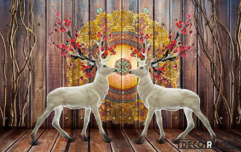 Image of Wooden Wall Vintage Pattern White Deer Living Room Art Wall Murals Wallpaper Decals Prints Decor IDCWP-JB-000938