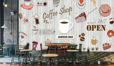 Image of White Wooden Wall Graphic Design Coffee Shop Restaurant Art Wall Murals Wallpaper Decals Prints Decor IDCWP-JB-000941