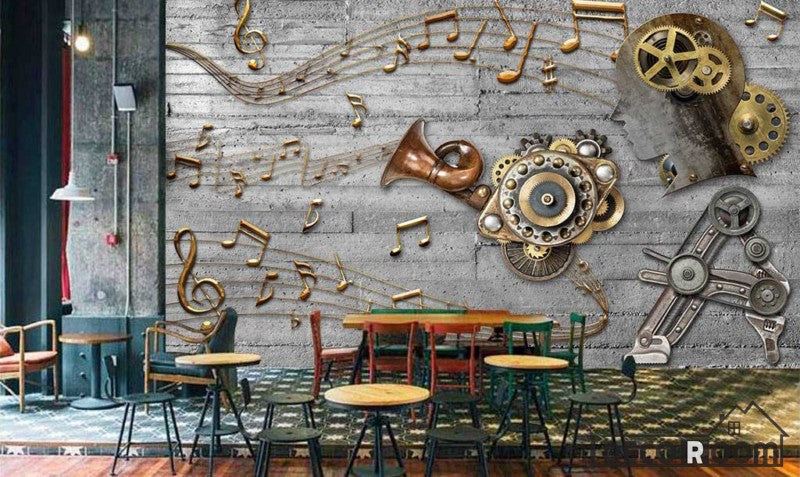 3D Golden Musical Notes Restaurant Art Wall Murals Wallpaper Decals Prints Decor IDCWP-JB-000942